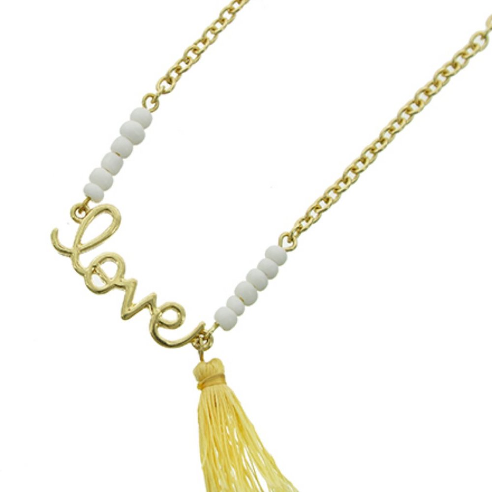 GOLD TONE WHITE BEAD LOVE TASSEL CHARM NECKLACE
